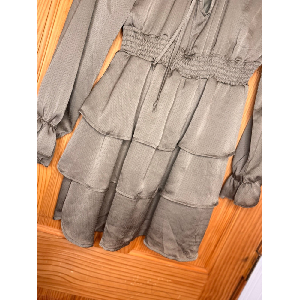 Alter’d State Sage Green Tiered Mini Dress Smocked Waist Long Sleeve Size M - Picture 8 of 8